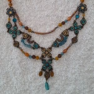 Blue/Gold Beaded Necklace w/ "Antique" Metal -(N1)